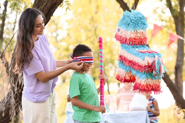 Woman Her Little Son Pinata Birthday Party — Stock Photo, Image