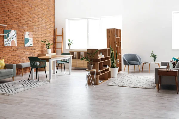 Modern light living room with modern bookshelves