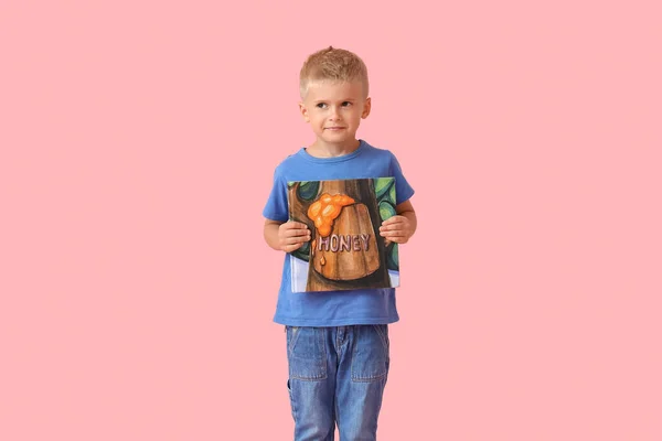Чарівний Маленький Хлопчик Книгою Рожевому Фоні — стокове фото