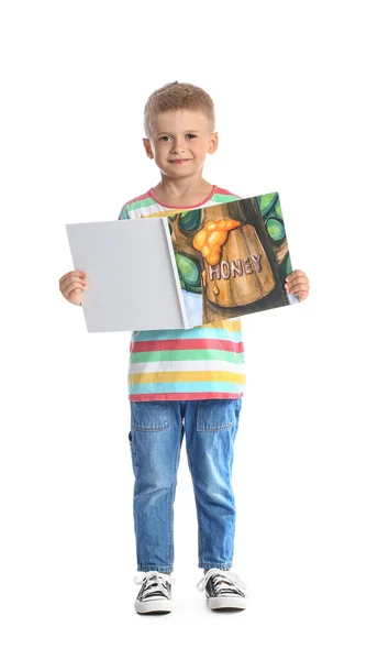 Bedårande Liten Pojke Med Öppen Bok Vit Bakgrund — Stockfoto