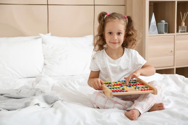 Adorable Little Girl Playing Abacus Bedroom — Stock Photo, Image