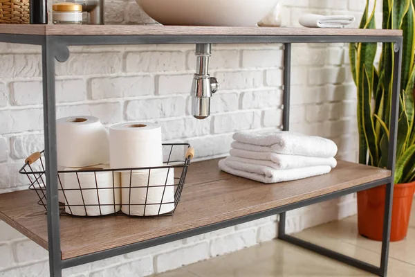 Basket Toilet Paper Rolls Shelf White Brick Wall — Stock Photo, Image