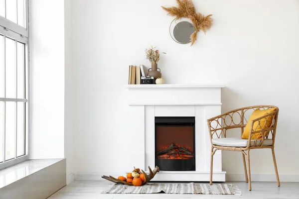 Interior Light Room Modern Fireplace Armchair Pumpkins — Stock Photo, Image