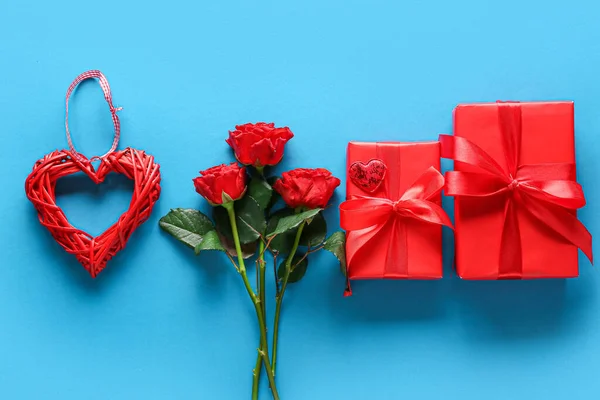 Gifts Valentine Day Rose Flowers Decor Blue Background — Stock Photo, Image