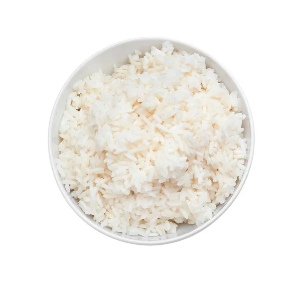 Tigela Com Arroz Fervido Saboroso Fundo Branco — Fotografia de Stock