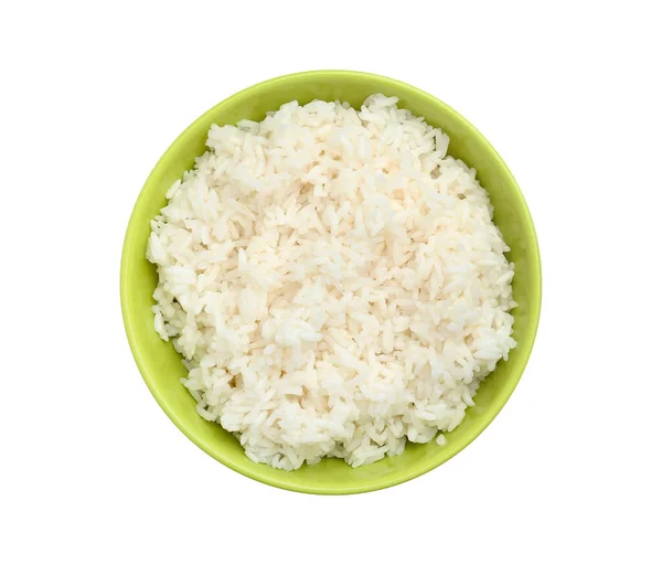 Tigela Com Arroz Fervido Saboroso Fundo Branco — Fotografia de Stock