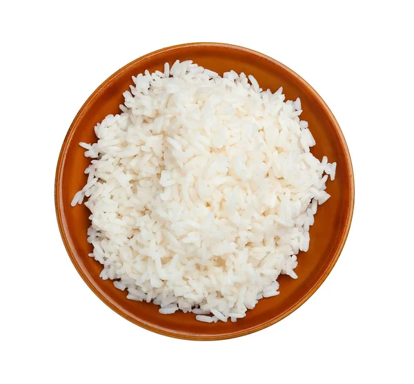 Tigela Com Arroz Fervido Saboroso Fundo Branco — Fotografia de Stock