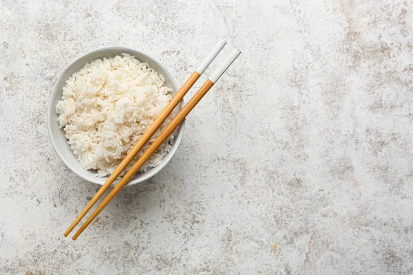Bowl Tasty Boiled Rice Chopsticks Light Background — Stock Photo, Image