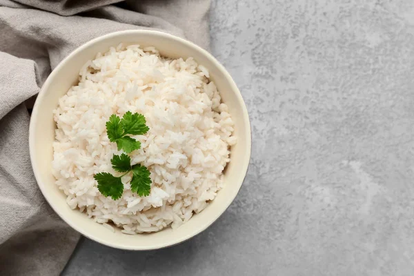 Bowl Tasty Boiled Rice Grey Background Closeup — Stock Photo, Image