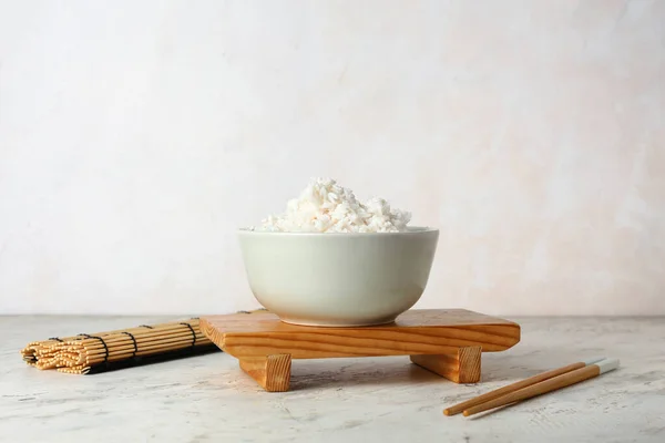 Bowl Tasty Boiled Rice Light Background — Stock Photo, Image