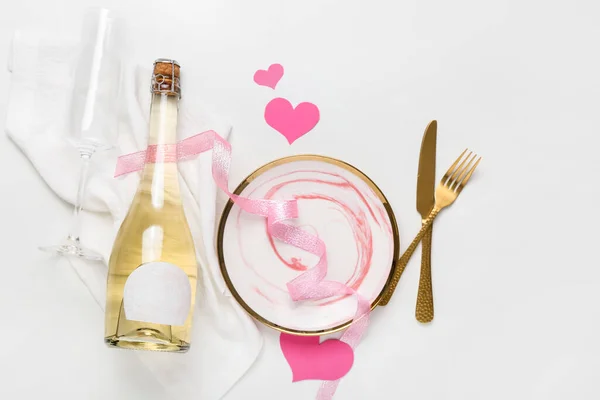 Stylish Table Setting Valentine Day Bottle Champagne Light Background — Stock Photo, Image
