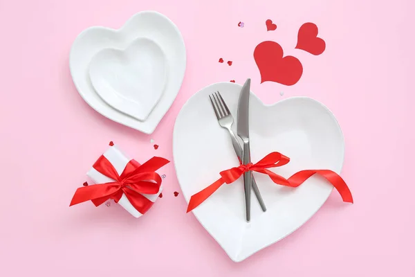 Прекрасна Таблиця Дня Святого Валентина Рожевому Тлі — стокове фото