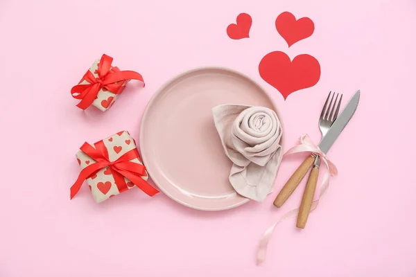 Beautiful Table Setting Valentine Day Pink Background — Stock Photo, Image