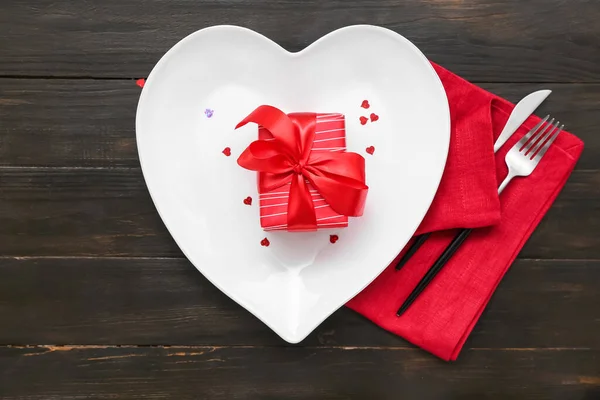 Beautiful Table Setting Gift Valentine Day Dark Wooden Background — Stock Photo, Image