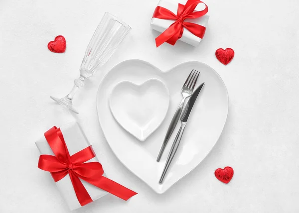 Stylish Table Setting Gifts Valentine Day Light Background — Stock Photo, Image