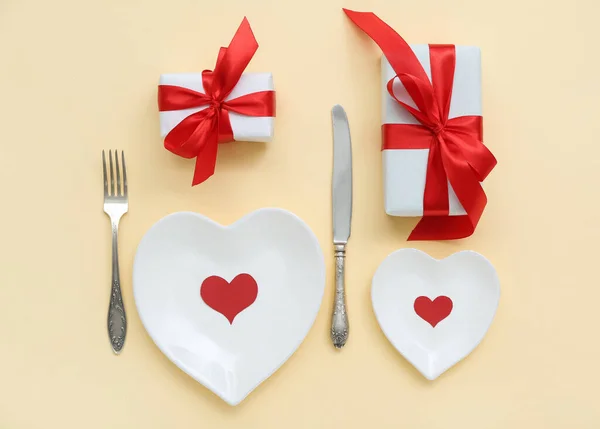 Beautiful Table Setting Gifts Valentine Day Yellow Background — Stock Photo, Image