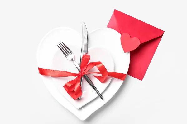 Stylish Table Setting Valentine Day Envelope White Background — Stock Photo, Image