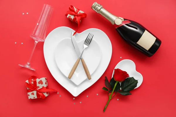 Stylish Table Setting Valentine Day Bottle Champagne Red Background — Stock Photo, Image