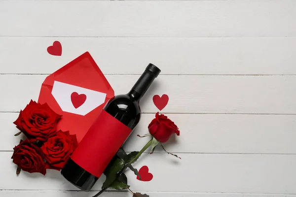 Bottle Wine Envelope Roses Valentine Day Light Wooden Background — Stock Photo, Image