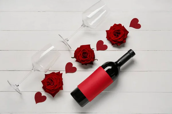 Composition Bottle Wine Glasses Roses Valentine Day Light Wooden Background — Stock Photo, Image