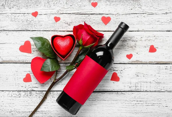Composition Bottle Wine Rose Valentine Day Light Wooden Background — Stock Photo, Image