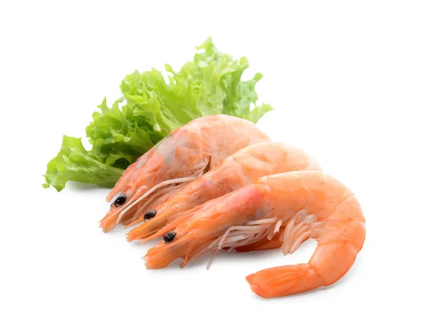 Tasty whole shrimps on white background