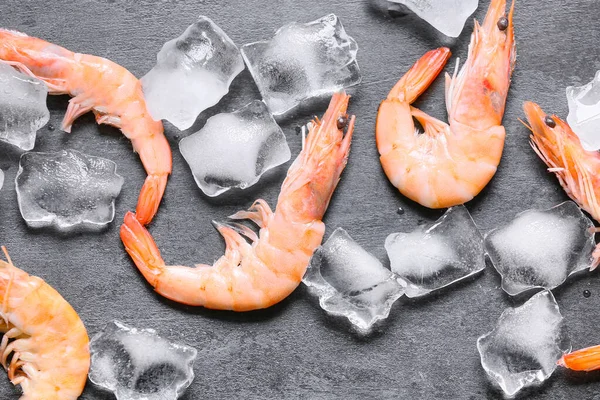 Uncooked Shrimps Ice Cubes Black Background — Stock Photo, Image