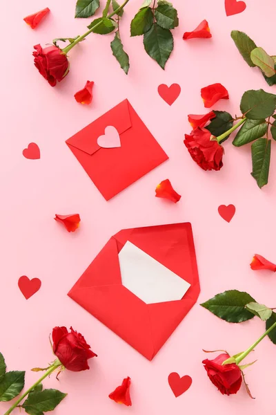 Composition Envelopes Rose Flowers Pink Background Valentine Day Celebration — Stock Photo, Image