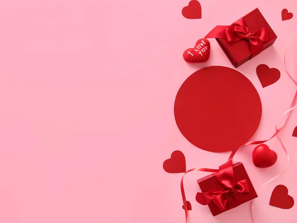 Композиція Пустою Карткою Подарунками Дня Святого Валентина Рожевому Фоні — стокове фото