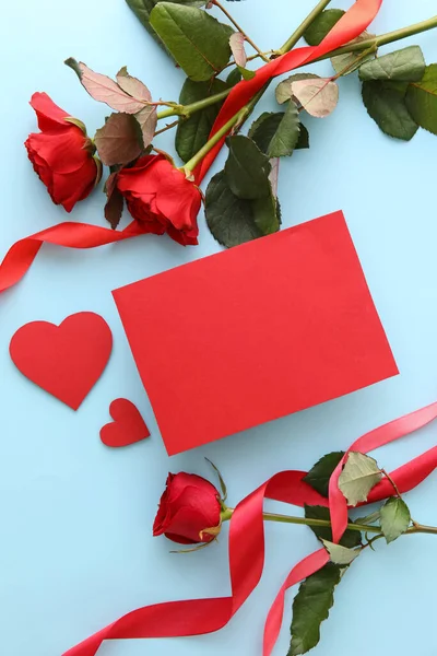 Composition Blank Card Rose Flowers Ribbons Color Background Valentine Day — Stock Photo, Image