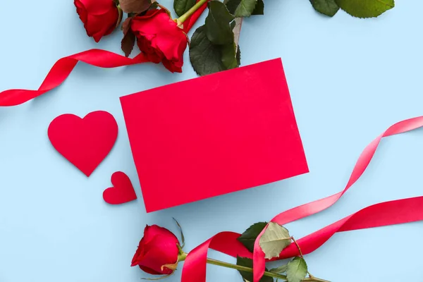 Samenstelling Met Blanco Kaart Roos Bloemen Linten Kleur Achtergrond Valentijnsdag — Stockfoto