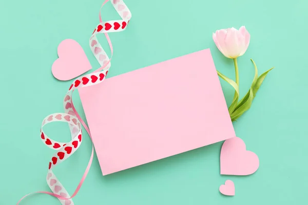 Samenstelling Met Blanco Kaart Tulp Lint Kleur Achtergrond Valentijnsdag — Stockfoto