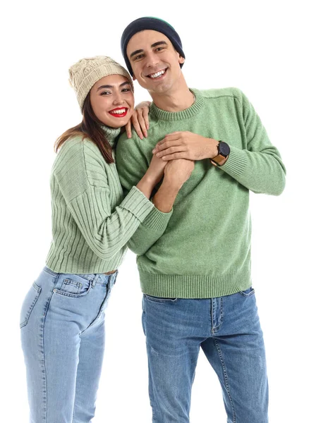 Happy Young Couple Warm Sweaters White Background — Stockfoto