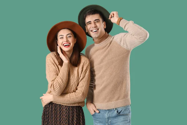 Happy Young Couple Warm Sweaters Color Background — Stockfoto