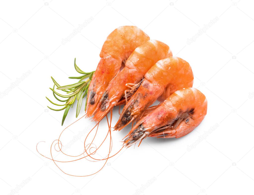 Tasty boiled shrimps on white background