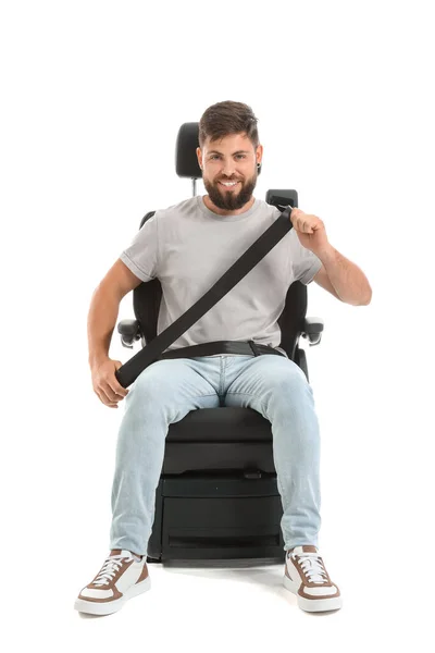 Hombre Guapo Sujetado Asiento Coche Sobre Fondo Blanco — Foto de Stock