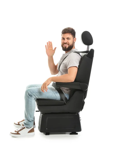 Handsome Man Waving Hand Car Seat White Background — Stock Photo, Image