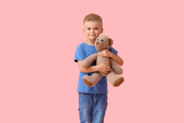 Adorable Little Boy Teddy Bear Pink Background — Stock Photo, Image