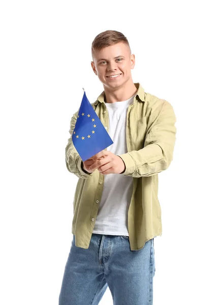 Bonito Jovem Com Bandeira União Europeia Sobre Fundo Branco — Fotografia de Stock