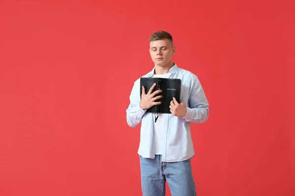 Handsome Young Man Holy Bible Red Background — Stock Photo, Image