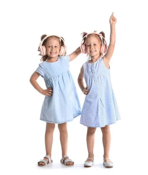 Adorable Little Sisters Headphones Dancing White Background — Stock Photo, Image