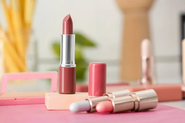 Beautiful Lipsticks Table Closeup — Stock Photo, Image