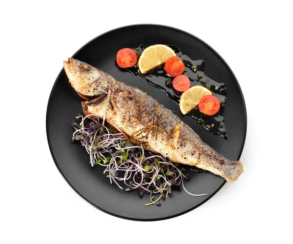 Plate Delicious Sea Buss Fish Vegetables White Background — Stock Photo, Image