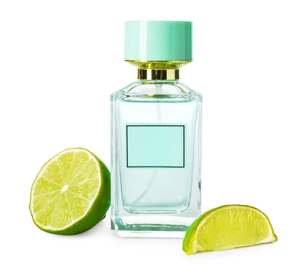 Bottle Perfume Lime White Background — Stock Photo, Image