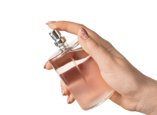 Mano Femenina Con Frasco Perfume Sobre Fondo Blanco Primer Plano — Foto de Stock