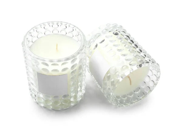 Beautiful Wax Candles Glass Holders Isolated White Background — Stock Photo, Image