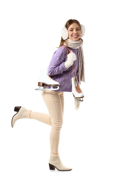 Mooie Jonge Vrouw Winterkleding Met Schaatsen Witte Achtergrond — Stockfoto