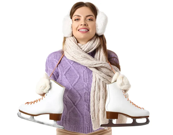 Mulher Bonita Roupas Inverno Com Patins Gelo Fundo Branco — Fotografia de Stock