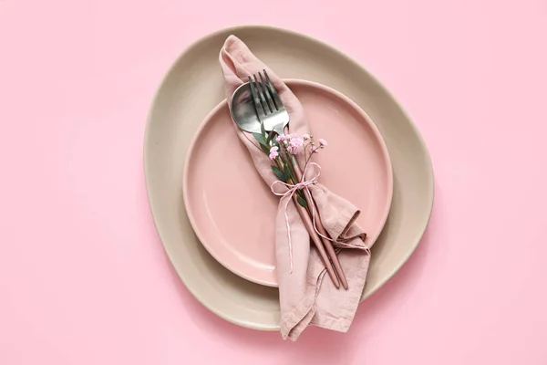 Stylish Table Setting Pink Background — Stock Photo, Image