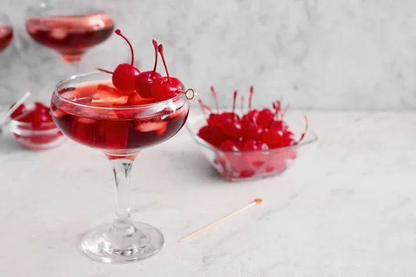 Glass Iced Manhattan Cocktail Cherries Light Background — 图库照片